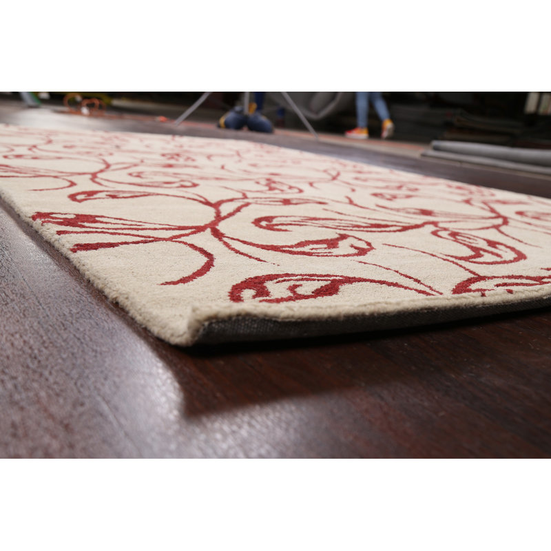 Tapis beige / rouge en laine touffeté à la main Floral
