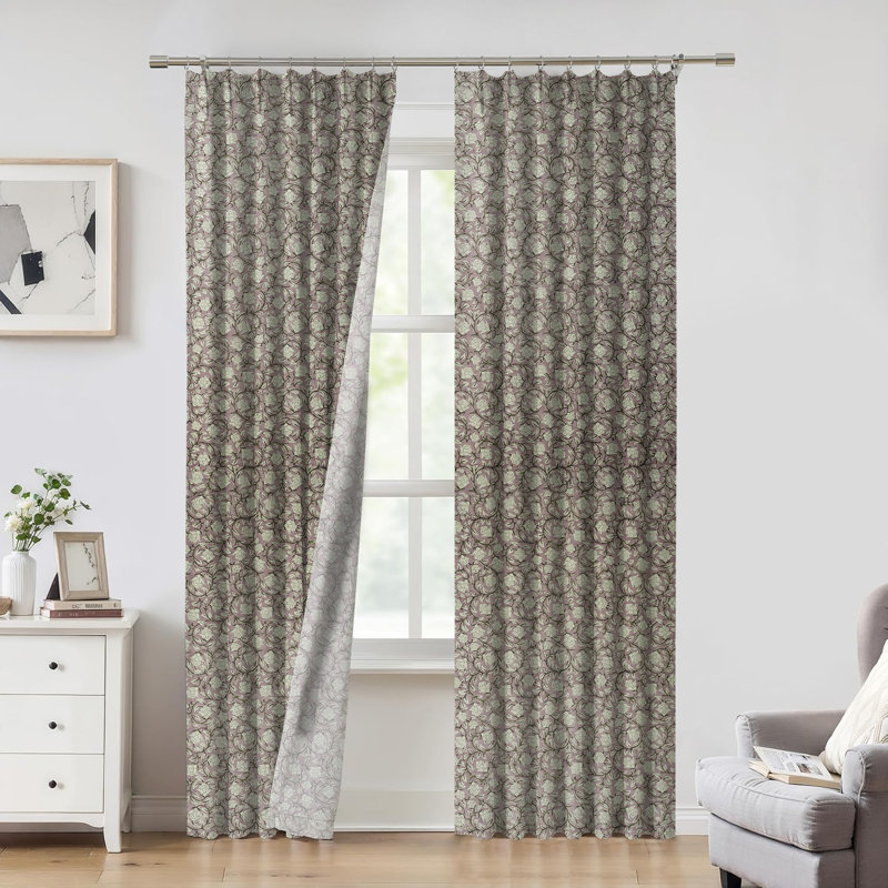 Fabdivine Elegant Linen Curtain Handmade Purple with Floral Block Print, Pleated Pinch Drapes for Home, Office, Living Room, Kitchen, Blackout, Room Darkening, Amritvela