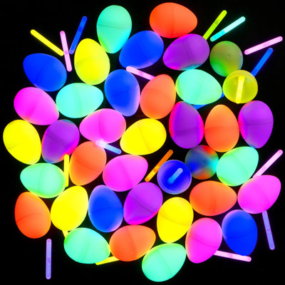 72 Easter Eggs with 72 glow sticks, perfect for glow-in-the-dark egg hunts, basket stuffers, party favors, and classroom decorations.