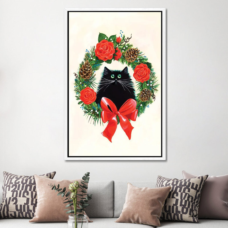 Black Cat In Rose Wreath by Kim Haskins - Print on Canvas, 152.5 cm H x 101.5 cm W, White Framed