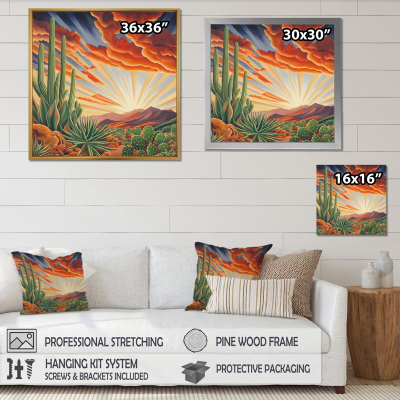 Cactus mexicain, paysage de cactus IV, impression sur toile, H 36 po x l 36 po, Reproduction avec cadre flottant, Brun