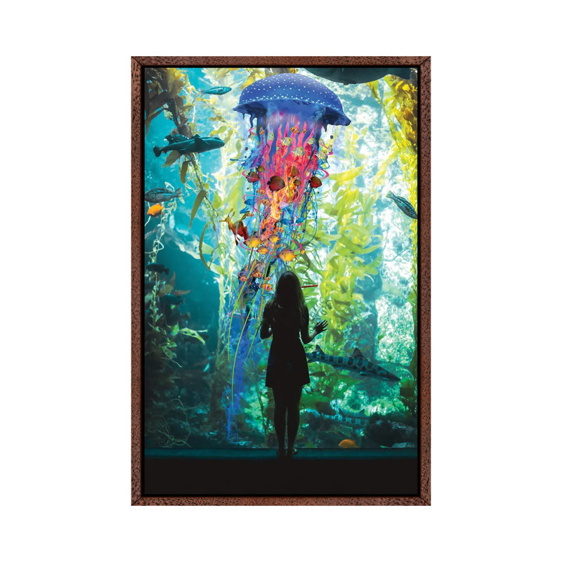 Electric Jellyfish World Is An Aquarium by David Loblaw - Print on Canvas, 66.04 cm H x 45.72 cm W, Classic Brown Wood Framed