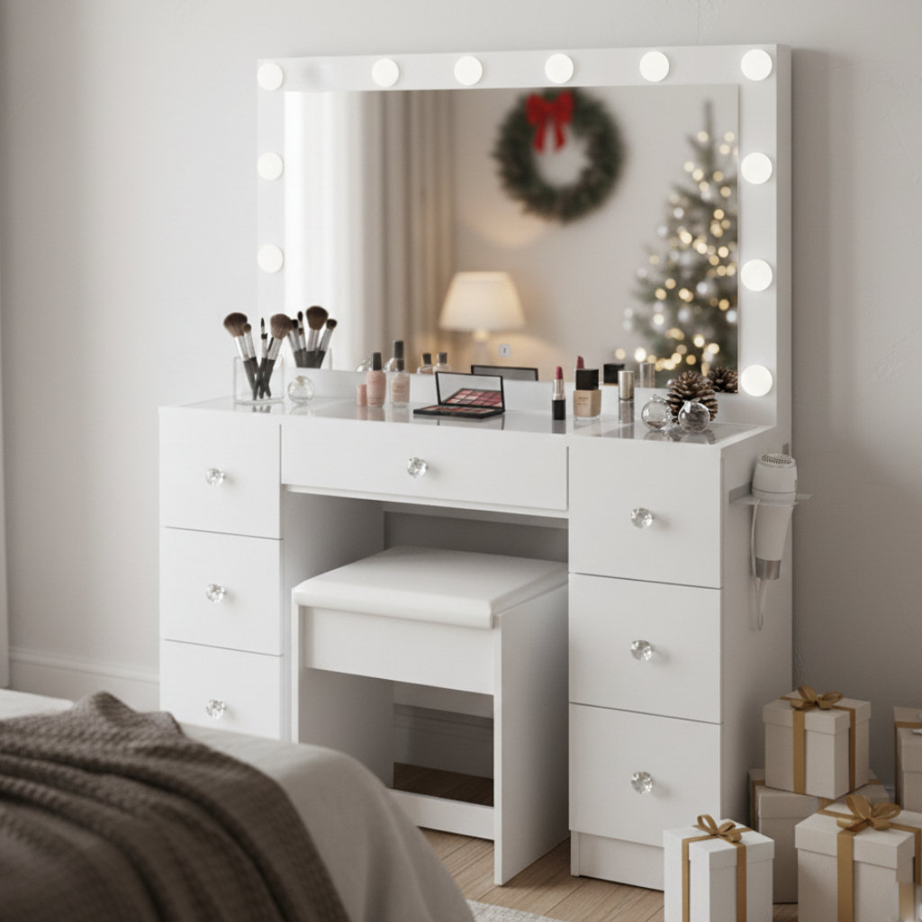 Boahaus Eve Makeup Vanity in Greige with LED Lights, Glass Top, 7 Drawers and USB (Type A & C) Boahaus LLC 