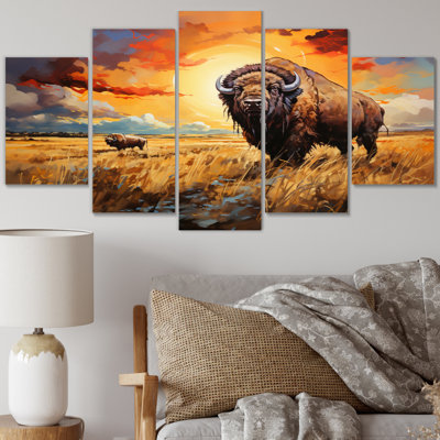 Art amérindien Bison Prairies II - reproduction d'art sur toile - 5 panneaux