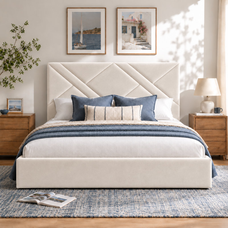 Lit plateforme tapissier avec rangement Gaillarde, Grand, Crème