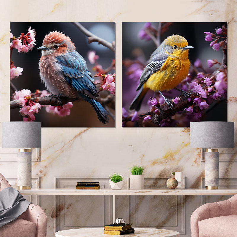 «Pink Bird In Winter Charm I», ensemble de 2 carrés d'art mural en métal, H 16 po x l 32 po