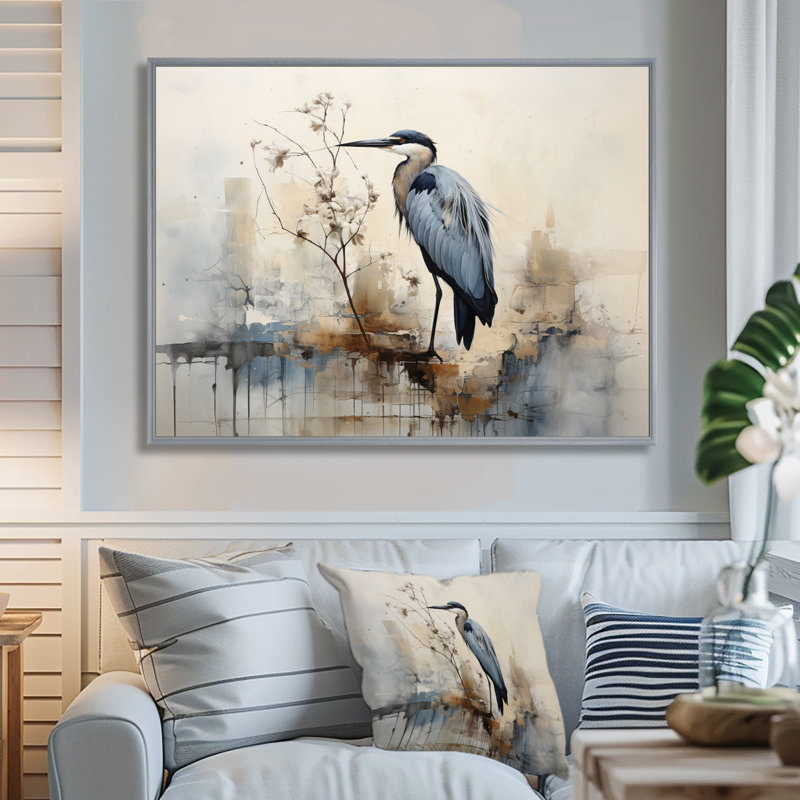 «Blue Great Heron In Miminal Harmony» sur toile, H 34 po x l 44 po x P 1,5 po, Encadrement argenté