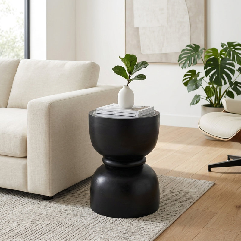 Pedestal Marble Top Accent Table with Mango Wood Base for Living Room - Narrow End Side Table with Sculptural Modern Design for Office - 18", Black