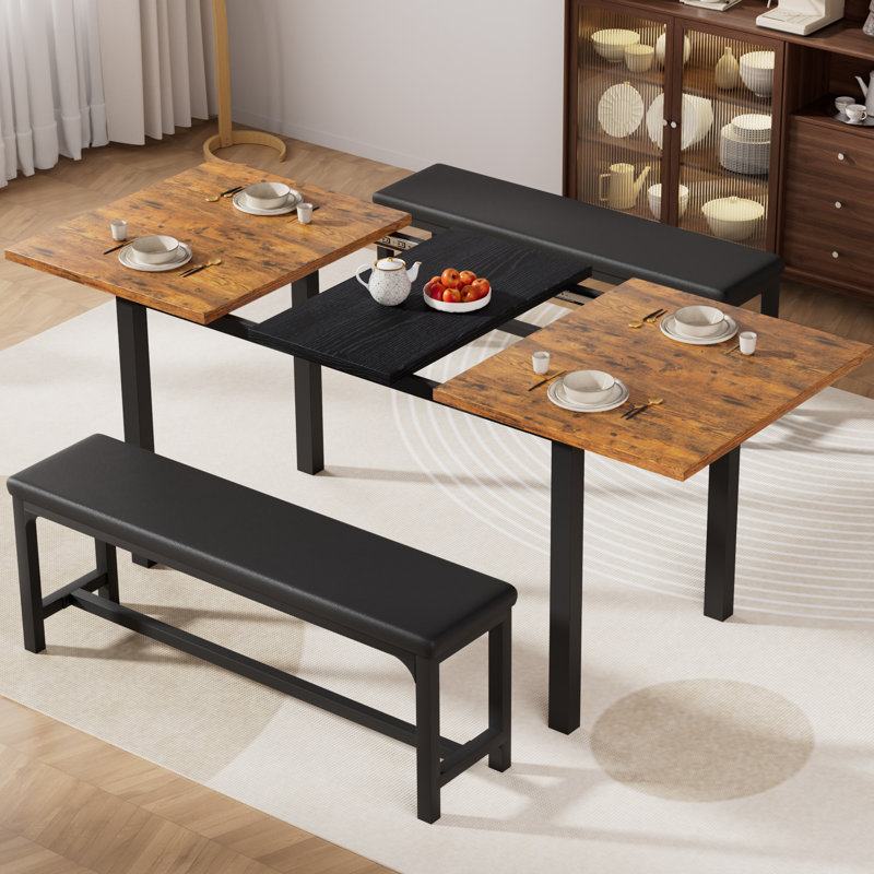 Vidala 63" Extendable Dining Table Set with Bench, Rectangular Wood Kitchen Table Set for 6-8 People, Space-Saving Expandable Dining Room Furniture, Brown