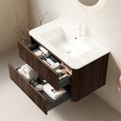 Meuble-lavabo mural flottant pour salle de bain 36 po, 2 tiroirs, cuve en céramique blanche, texture noyer rétro, pré-assemblé, sans robinet, lavabo brillant, teinté, armoire en contreplaqué, grand rangement, tiroir à fermeture en douceur