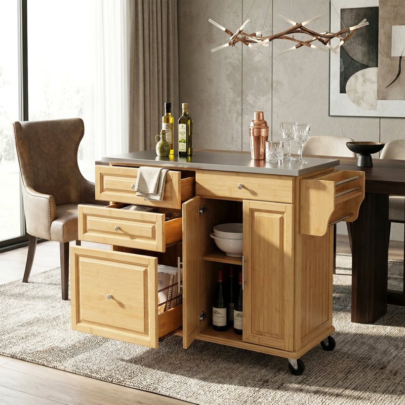 Îlot de cuisine intérieur en bambou avec plateau en acier inoxydable - Chariot mobile avec tiroirs, armoire et porte-serviettes pour la salle à manger et le bar