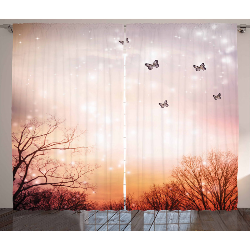 Kuebel Dreamy Butterflies over Trees Romantic Fantasy Blurry Sky Semi-Sheer Curtain Panel, 54" W x 84" L