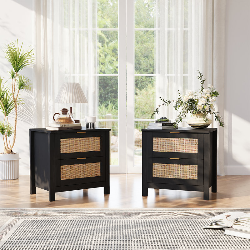 Rattan Nightstand (Set Of 2) With Wireless Charging Station & Two Drawers, Black