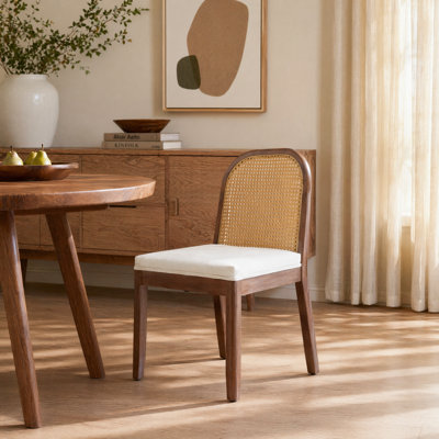 Chaises de salle à manger en bois massif patiné 2 pièces Mid-Century, avec coussin en chenille, beige
