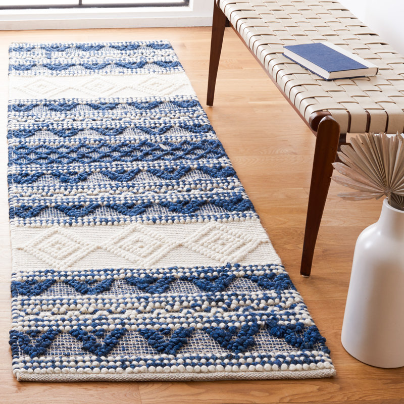 Tapis bleu marine / ivoire en jute / laine / coton tissé à la main Elsbernd, Tapis de couloir 2 pi 3 po x 8 pi