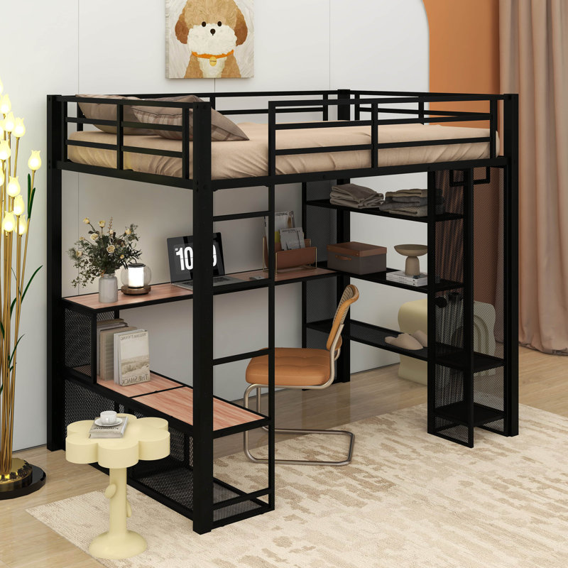 Lit mezzanine en métal avec tablettes et garde-robe, Noir, noir, noir, noir, Double