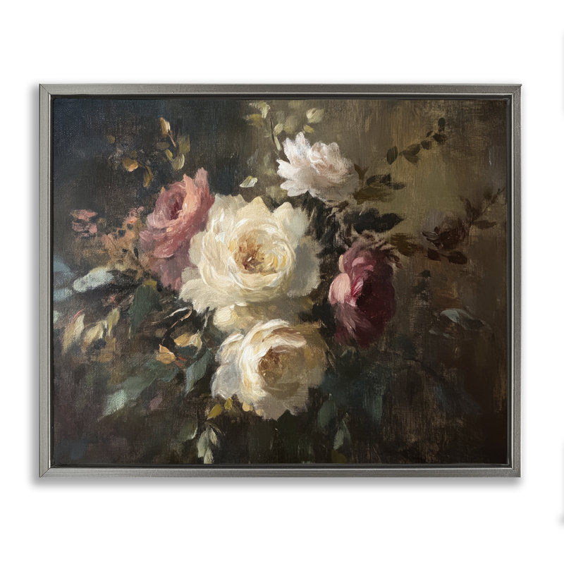  "Dark Still Life Roses", art mural sur toile par Petal Prints Design, H 25 po x l 31 po, Cadre flottant gris lustré