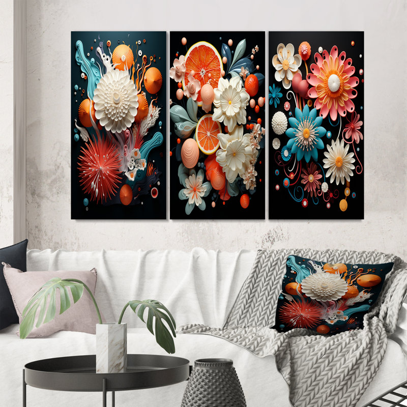 «Funky Foliage Vibrant Flowers On Black», 3 pièces, Toile tendue, H 28 po x l 36 po