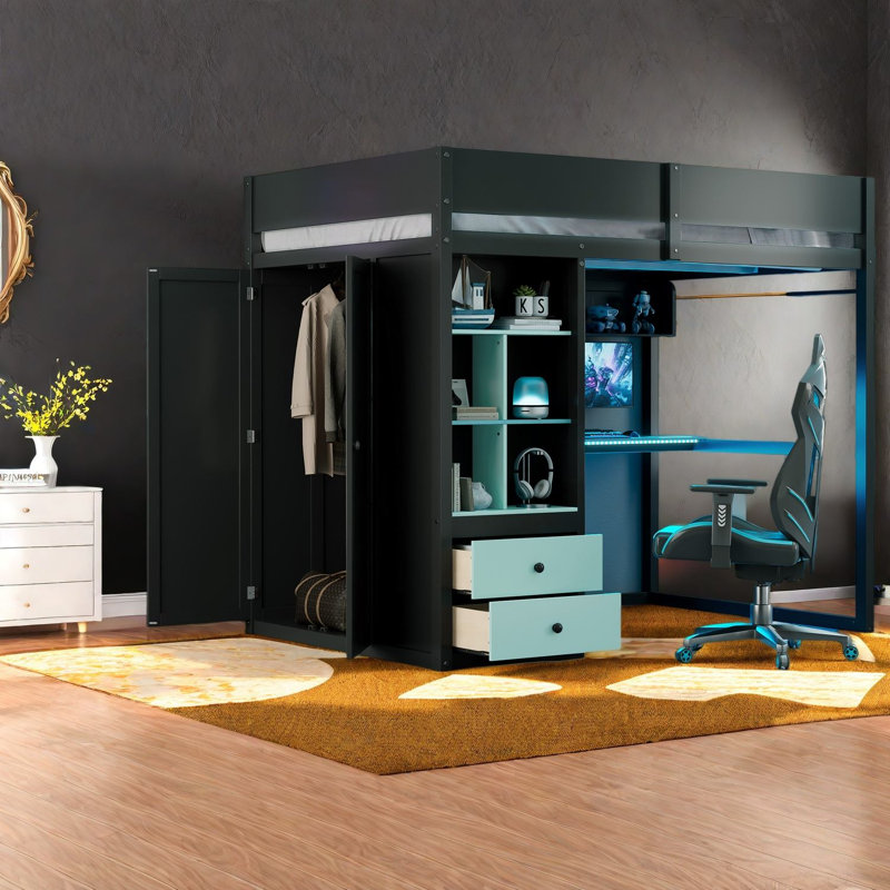 Lits multifonctionnels avec rangement, loft moderne en bois aggloméré moderne pour la maison, Noir + bleu