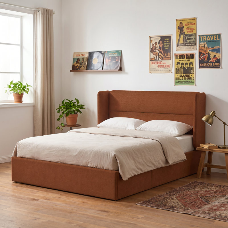 Lit plateforme tapissier avec rangement Gaillarde, Grand, Caramel