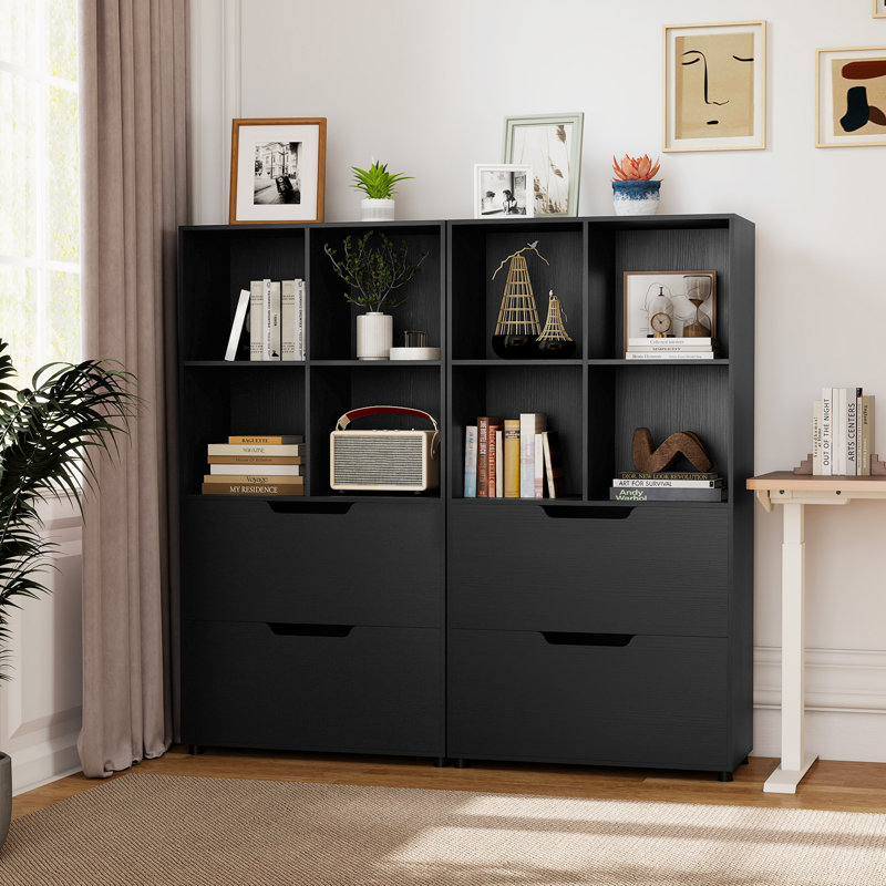 2PCS 51” 5-Tier 4-Cube Bookcase with 2 Drawers for Living Room, Study, Home Office Black, Black