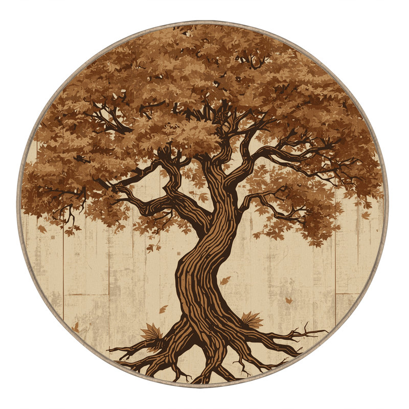 Machine Washable Ottwell Oak Tree Country Rustic Vintage Look Rug in Brown – Beige Binding, 5' Round