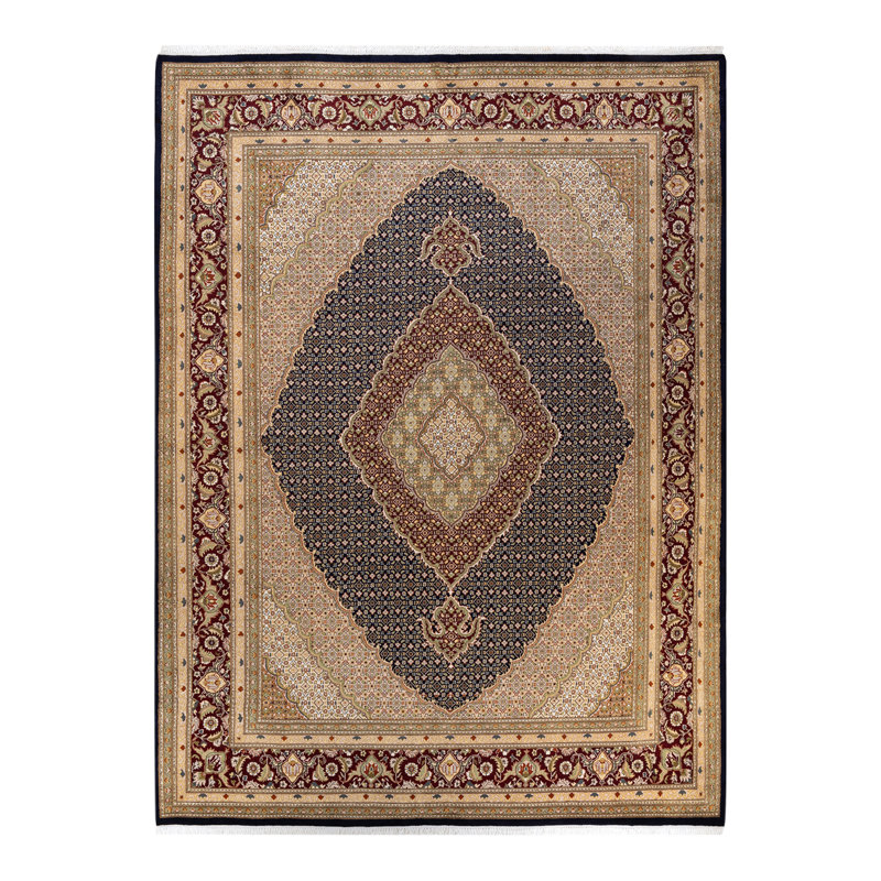 Tapis noir / beige / bourgogne noué à la main de conception unique 9 pi 2 po x 12 pi 4 po Hayner