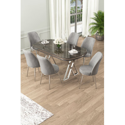 Modern 7-Piece Dining Table & Chairs Set, Anthracite & Chrome, 66.1 x 29.9 x 35.4 inches | 100% Lacquer Panel with Metal Legs | Comfortable Babyface Fabric Chairs, 17.7 x 35.8 x 16.5 inches | Perfect for Dining Rooms & Hotels
