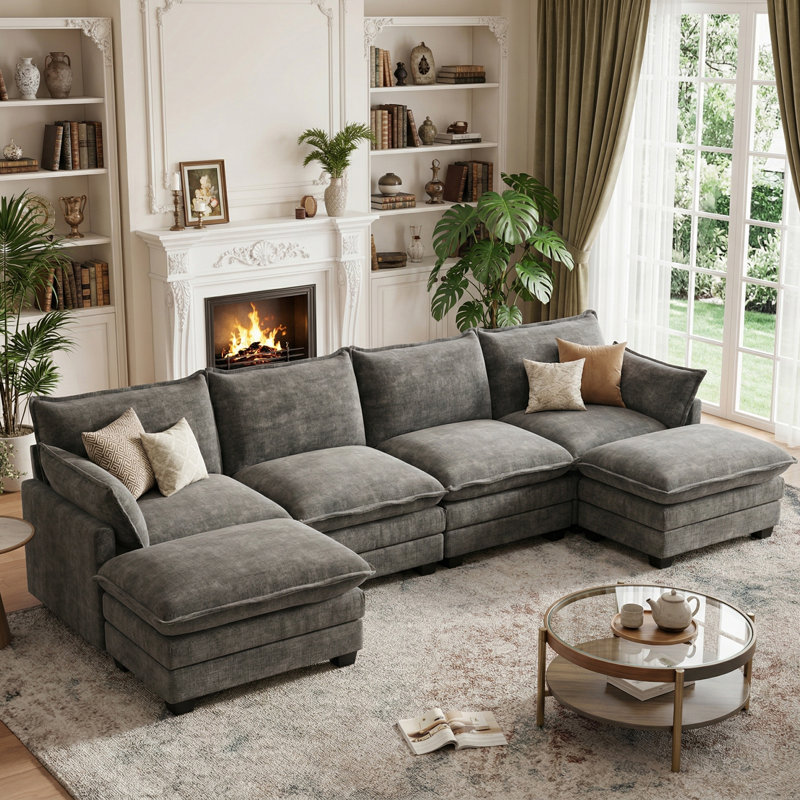 Canapé modulaire en forme de U 116,5 po, canapé modulaire confortable avec repose-pieds mobile pour le salon, Gris, 116.5" W