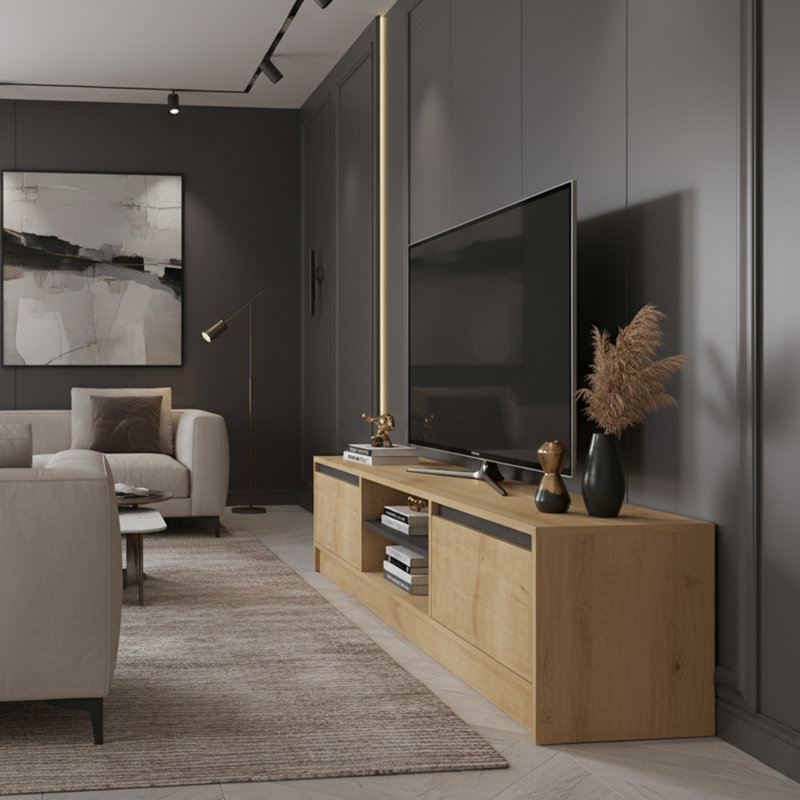 Meuble télé élégant, saphir et chêne avec accents anthracite, 70,9 po x 17,7 po x 15,7 po | 100% panneau de particules enduit de mélamine, épaisseur: 0,7 pouce | Pieds en plastique durable | Idéal pour les salons modernes et les espaces de divertissement