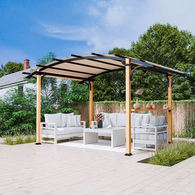 Premium 8.5' X 13' Outdoor Metal Pergola Gazebo With Arched Canopy, Shelves & Bar Top - Natural Wood-look Frame For Patio, Garden, Backyard & Barbecue