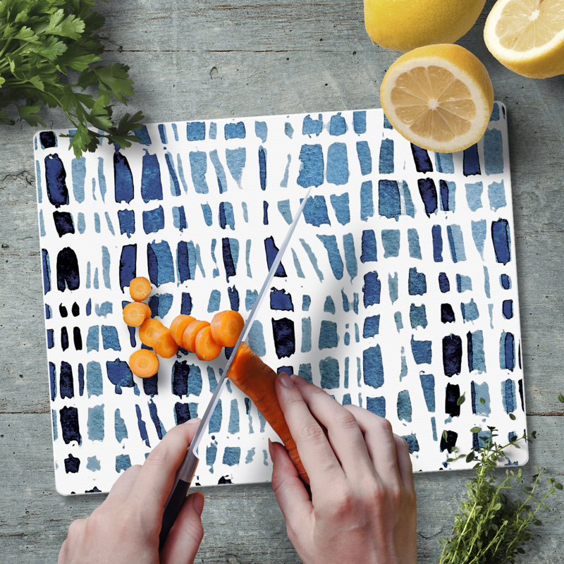 Indigo Wavy Lines Tempered Glass Cutting Board 10" x 8"