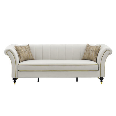 FX-P33-CW (SOFA 834-3)89.5 Inch Velvet Sofa,Modern 3 Seater Couch with Rolled Arms,Channel Tufted Back,Solid Wood Frame Living Room Sofa with 2 Decorative Pillows,Cream Sofa for Apartment and Home