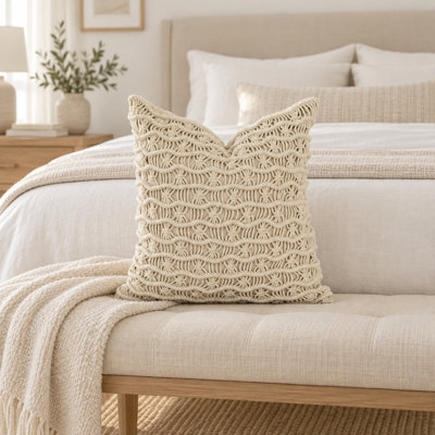 Housse de coussin décorative en macramé de coton naturel tissée à la main
