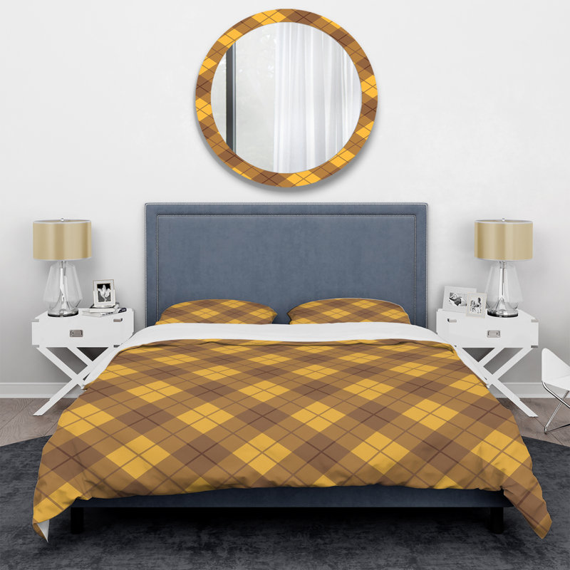 Ensemble de housse de couette en microfibre brun / jaune 2 pièces, Housse de couette pour grand lit et 2 taies décor
