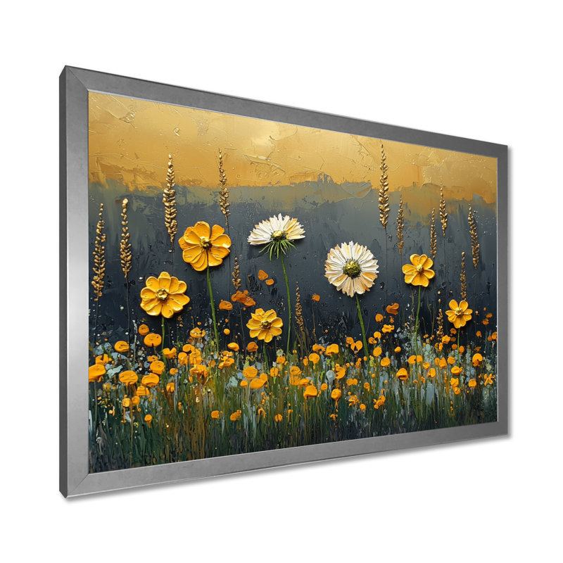 «Dark Summer Daisies Field Landscape II» - Art mural marguerites, H 24 po x l 32 po, Cadre simple, Argent argent