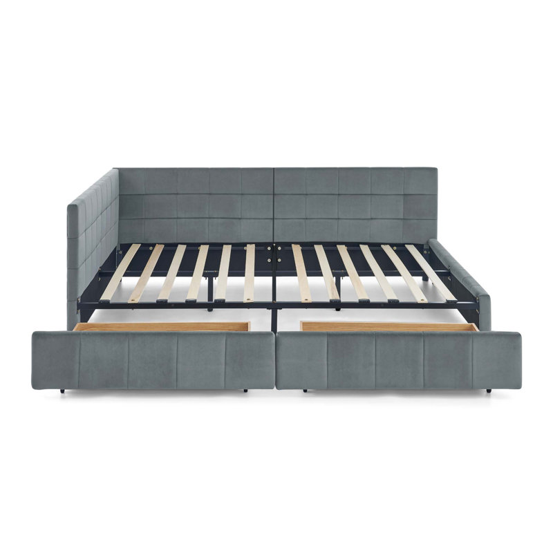 Lit double capitonné avec rangement intégré, cadre de canapé-lit avec dossier et accoudoirs confortables, lit double pour chambre ou salon, en velours