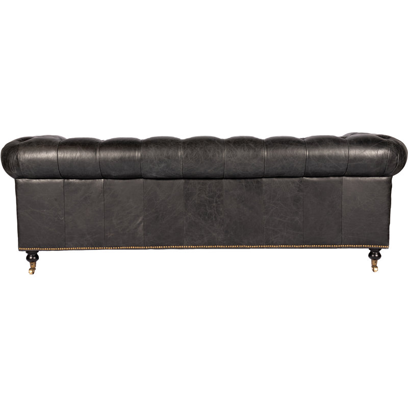 87" Genuine Leather Rolled Arm Chesterfield Sofa with Reversible Cushions, Black Genuine Leather