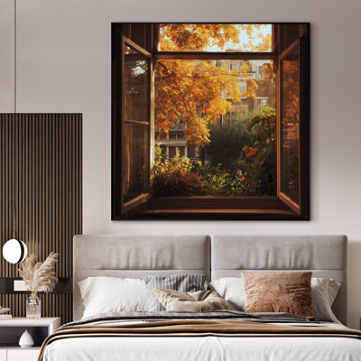 Très grande vue d'automne à travers la fenêtre, impression d'art mural - paysage d'automne chaleureux avec feuilles dorées, décoration d'art saisonnier confortable pour le salon ou la chambre à coucher, assemblage de cadre requis