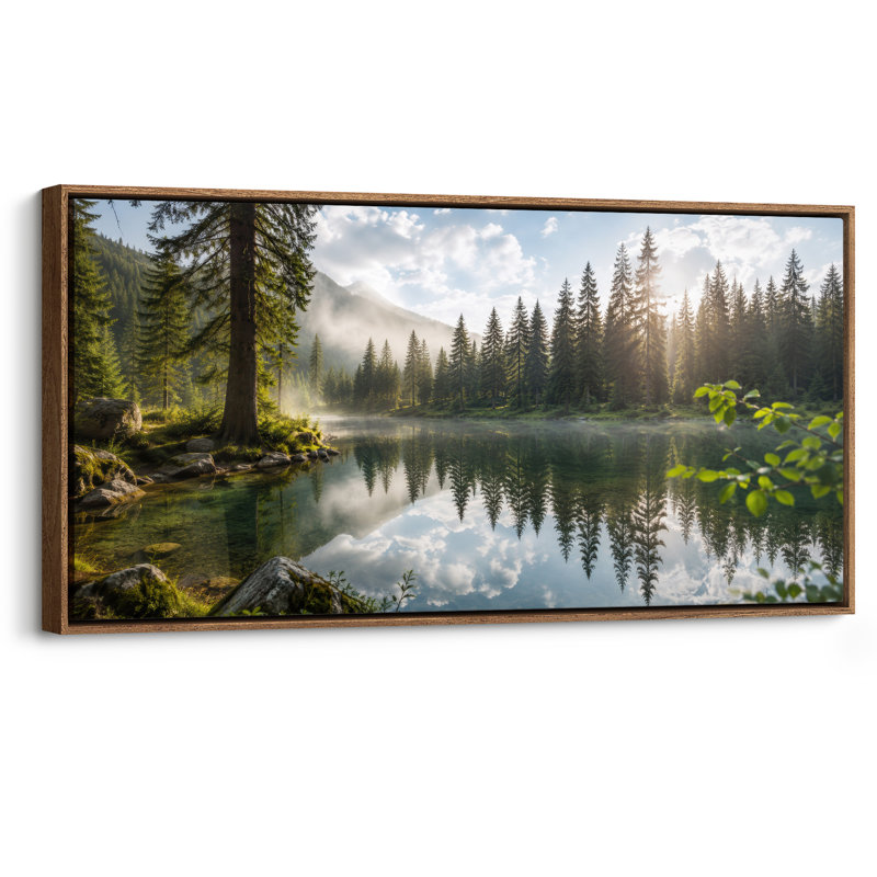 Toile encadrée extra large représentant un paysage de lever de soleil sur un lac brumeux en forêt., 30" H x 60" W, Naturel