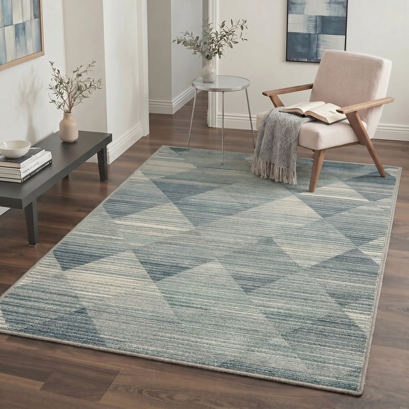 Coady Vertice Geometric Machine Washable Blue / Beige Indoor Area Rug with Non-Slip Backing, Round 5'