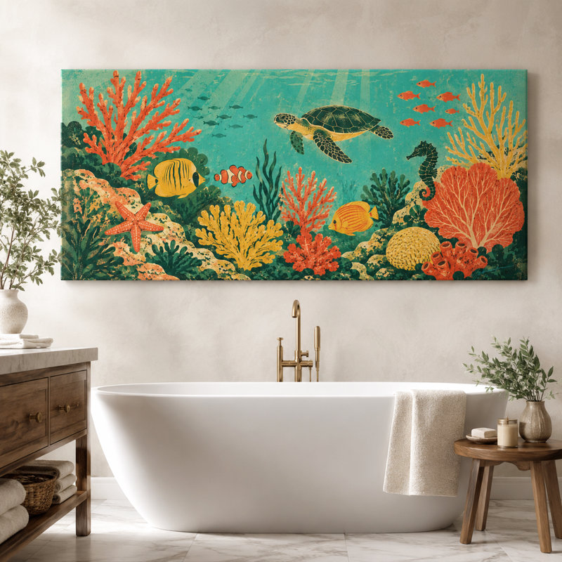 Art mural sur toile tropicale, "Sea Life", 27.5"H x 55"W x 1.5"D