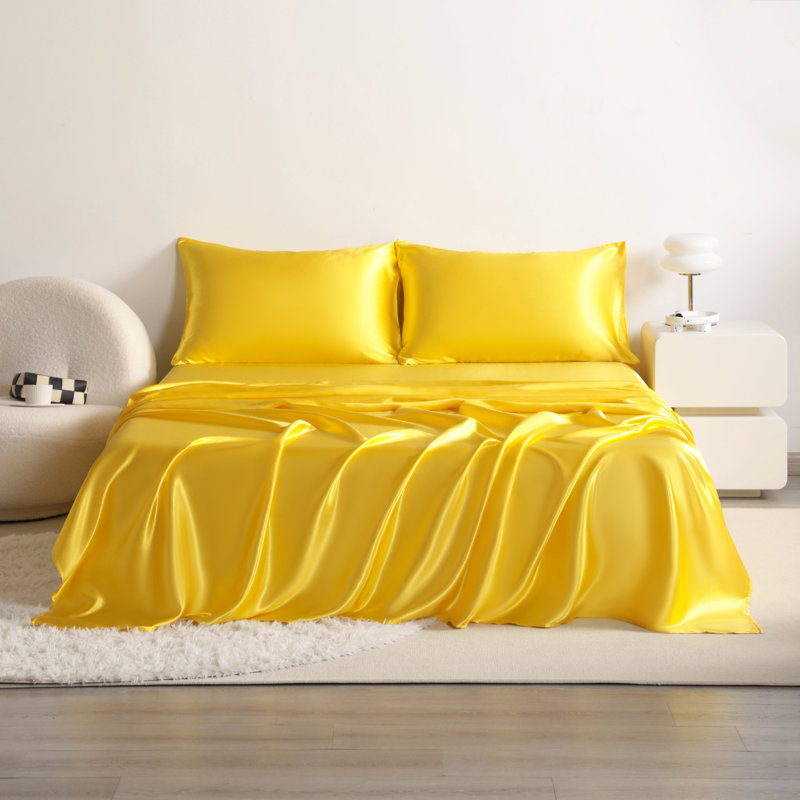 Ensemble de draps soyeux et soyeux, doux pour les cheveux et la peau, infroissable, infroissable, Jaune