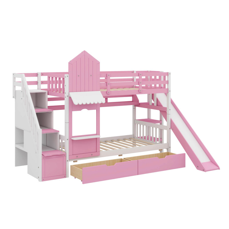 Twin Over Twin Castle-Themed Bunk Bed, Wooden Bunkbed With 2 Drawers & 3 Shelves, Including Slide And Storage Stairs, Pink