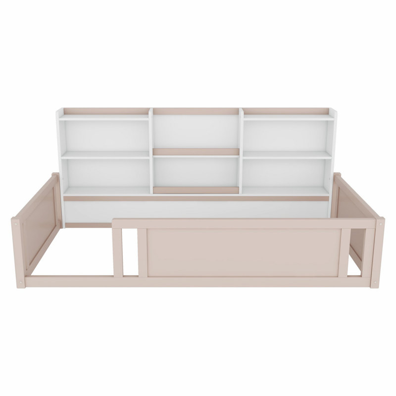 Lit plateforme en bois avec barrière de sécurité et tablettes de rangement latérales, Lit simple, Crème, blanc