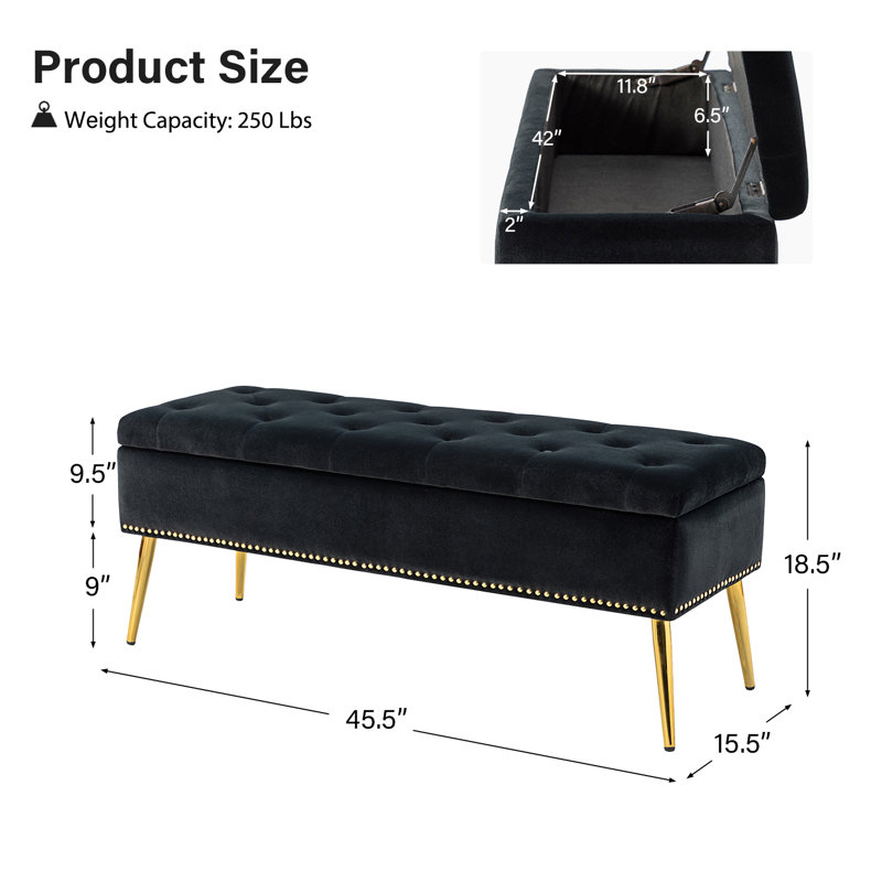 Banc de rangement rembourré en velours Kajana, Velours noir