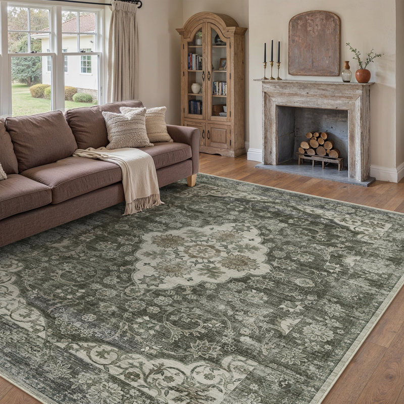 Elora Vintage Medallion Machine Washable Area Rug With Non-Slip Backing in Brown, Rectangle 8' x 10', Brown
