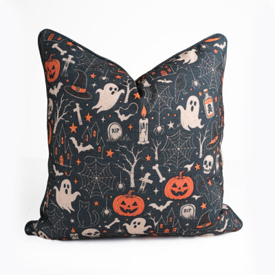 Haunted Graveyard Linen Blend Piping Throw Pillow Cover, Creepy Spiderweb & Tombstone Decorative Accent Pillow for Couch, Sofa, and Bed