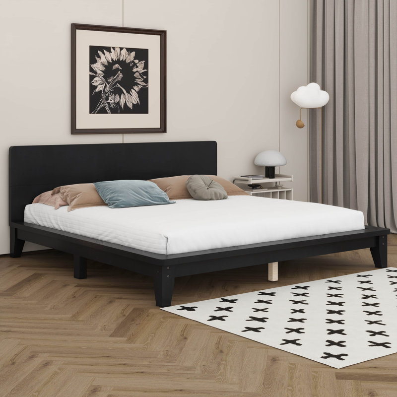 Lit plateforme, cadre de lit moderne de style Mid-Century avec tête de lit, cadre de lit uni, Noir, Lit double