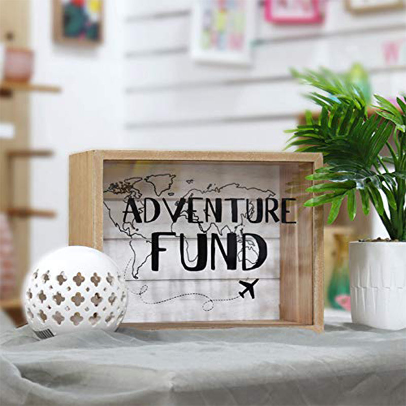 Wood Box With World Map And Plane Design For Weddings, Birthdays, Graduations, Baby And Bridal Showers, 9" X 5.5" X 7", Adventure Fund